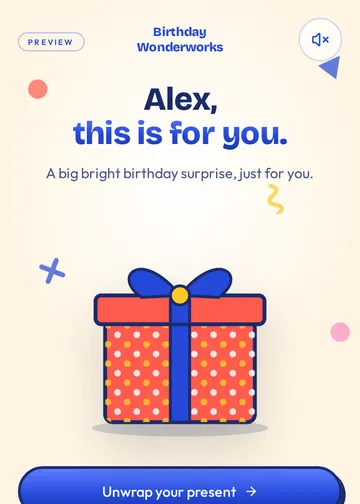 Opening scene of a Confetti Pop birthday card with a wrapped gift