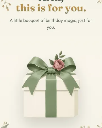 Opening scene of a Garden birthday card with flowers around a gift
