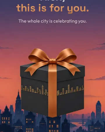 Opening scene of a Rooftop birthday card with city lights